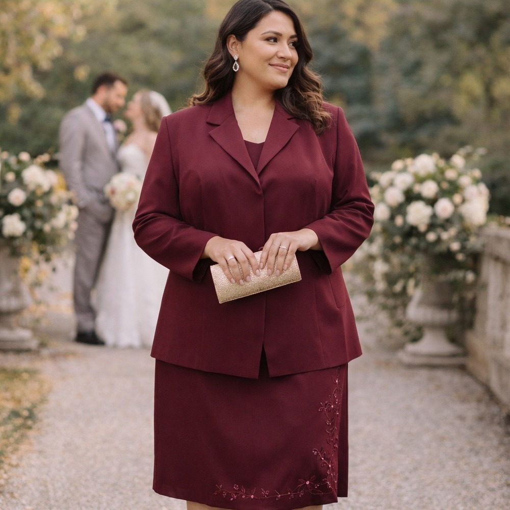 Vintage Le Suit Burgundy Wedding Guest Skirt Suit 14W Embroidered Event
